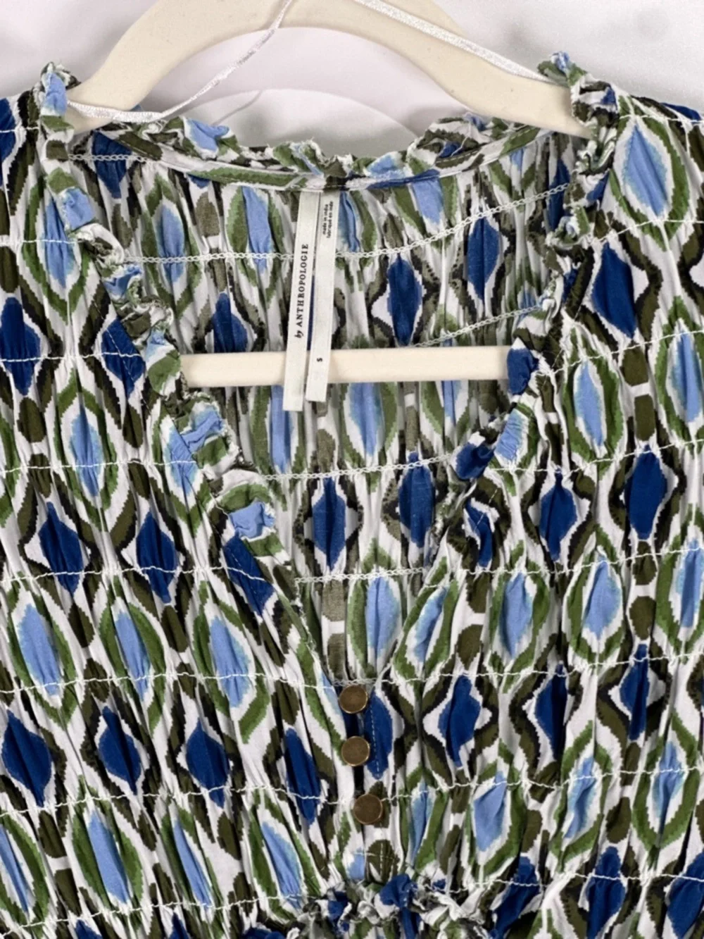 By Anthropologie Ruffle Mini Dress Smocked Long Sleeve Ikat Blue Green S - Picture 7 of 14